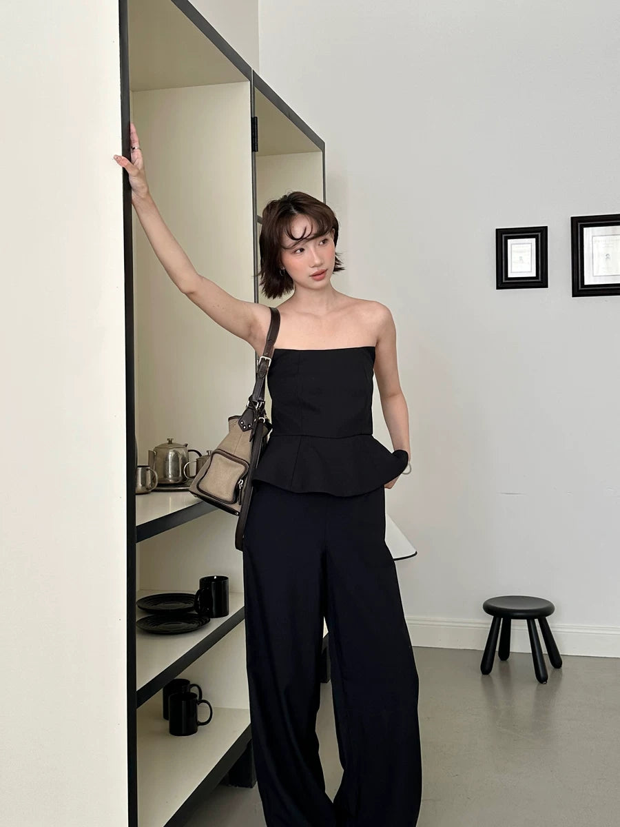 tube top peplum fake two-piece wide leg jumpsuit 1color 【NINE7150】