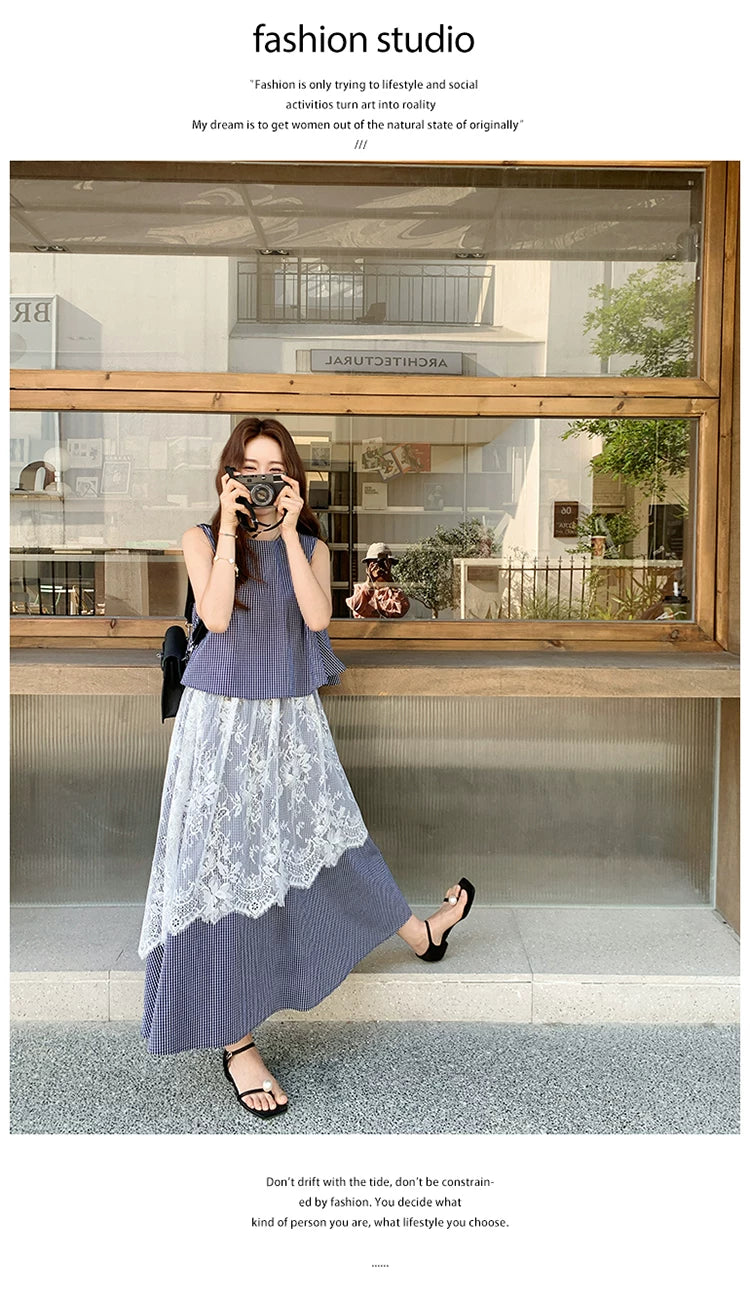 stripe lace fake twopiece dress 1color 【NINE7129】