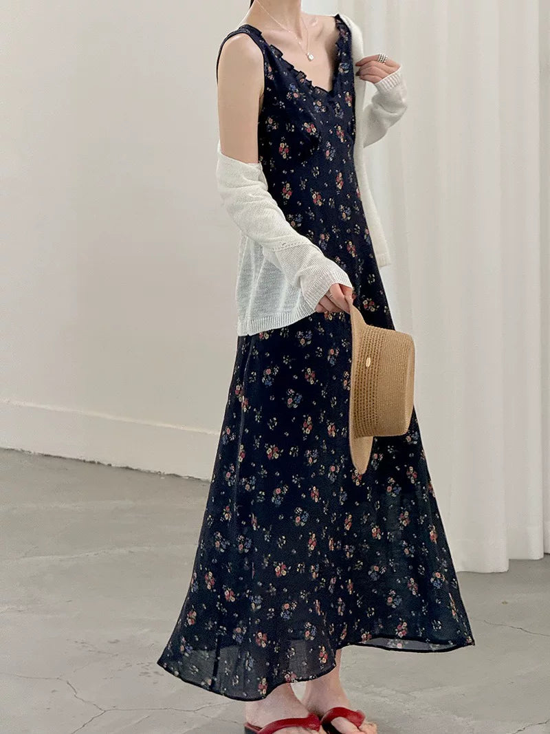backless floral linen camisole dress 1color 【NINE7024】