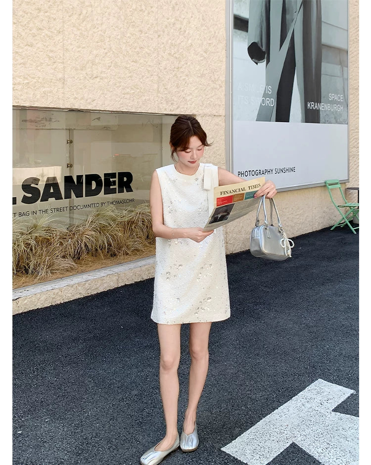 sequin ribbon tweed sleeveless mini dress 1color 【NINE7139】