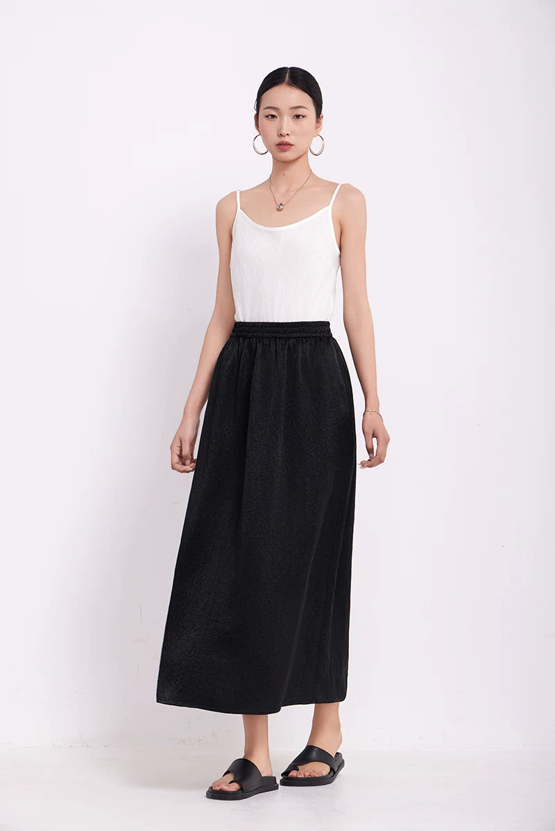 textured elastic waist long A-line skirt 1color 【NINE7217】