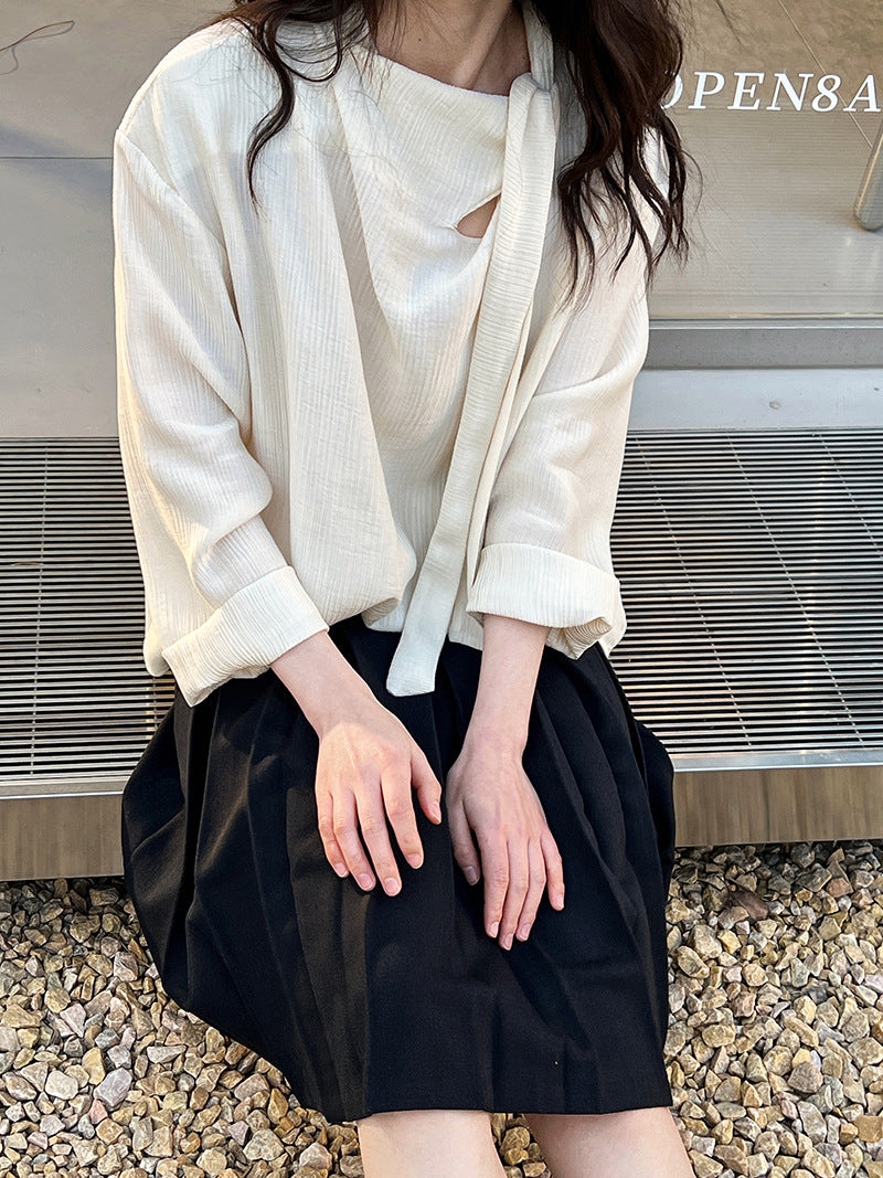 pleated scarf tie blouse 2color 【NINE7242】