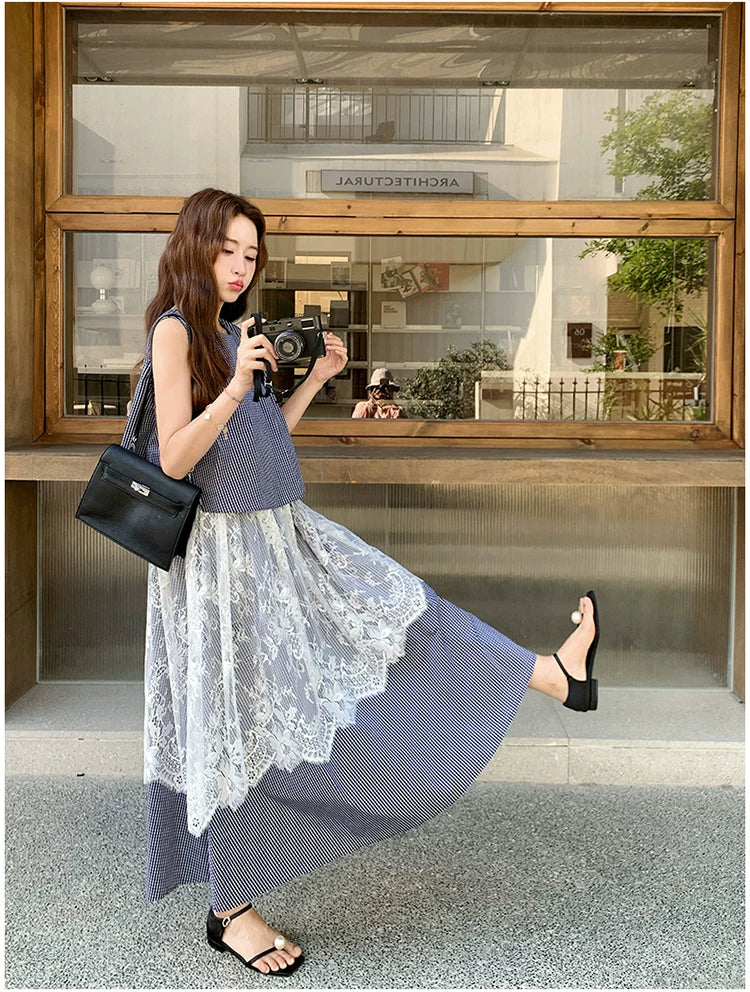 stripe lace fake twopiece dress 1color 【NINE7129】