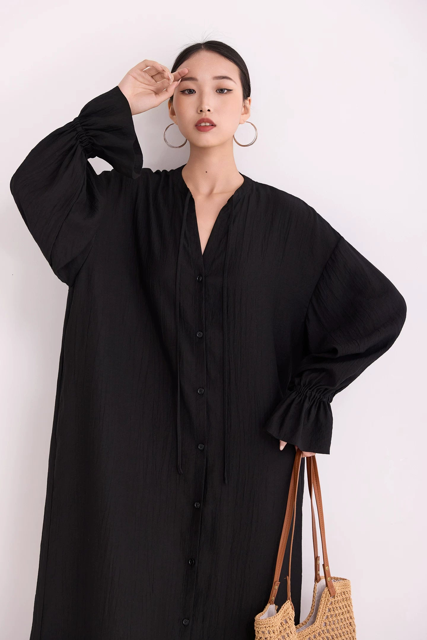 v-neck flare sleeve shirt long dress 1color 【NINE7223】