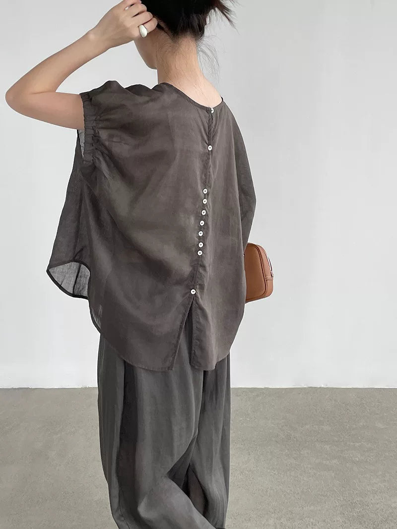 back button loose short sleeve blouse 3color 【NINE7021】