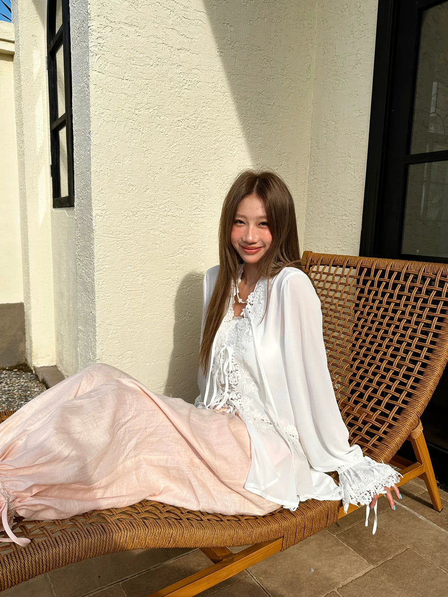 french lace tie loose blouse 1color 【NINE7148】