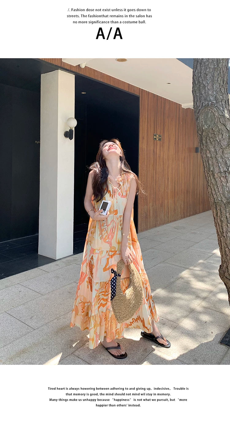 orange print tiered sleeveless dress 1color 【NINE7136】