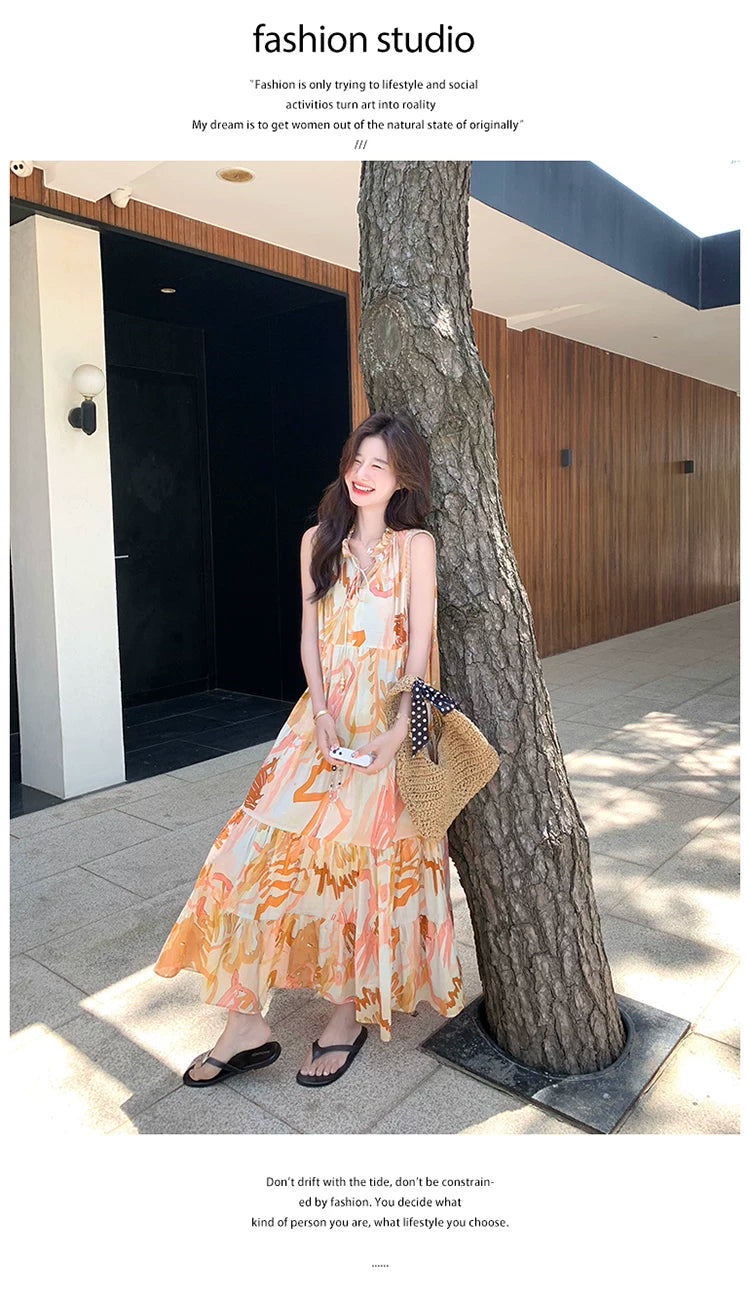 orange print tiered sleeveless dress 1color 【NINE7136】