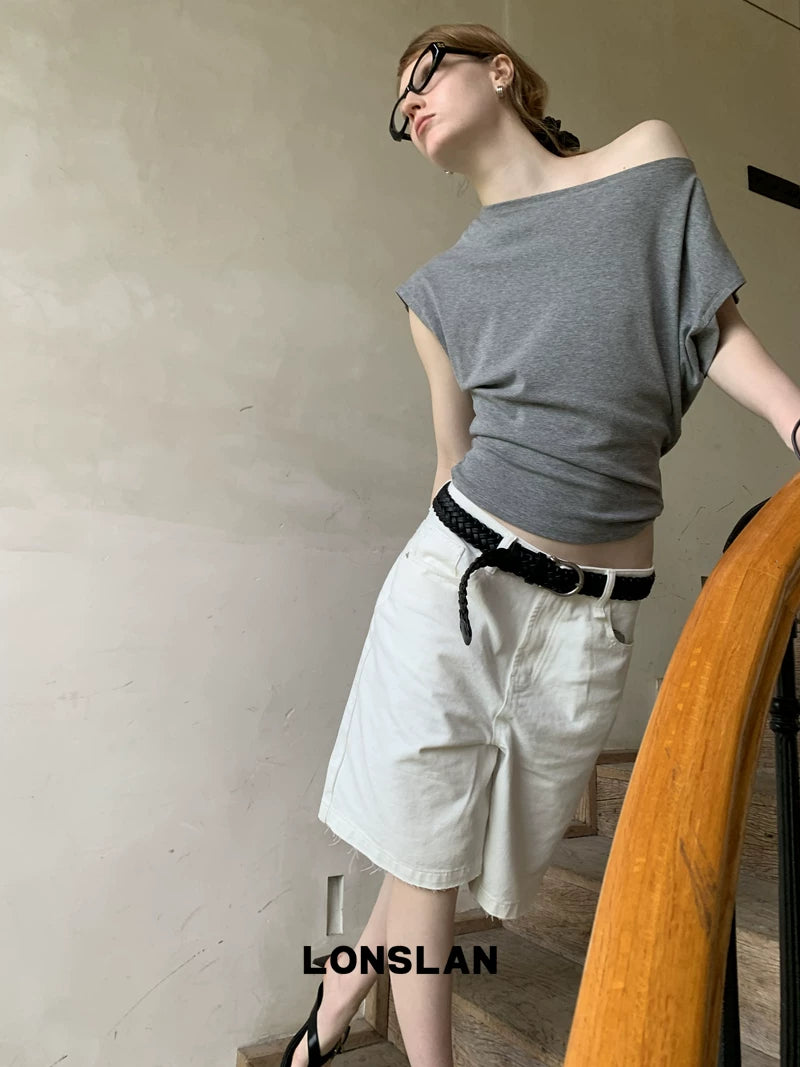 off shoulder asymmetric drape top 3color 【NINE7014】