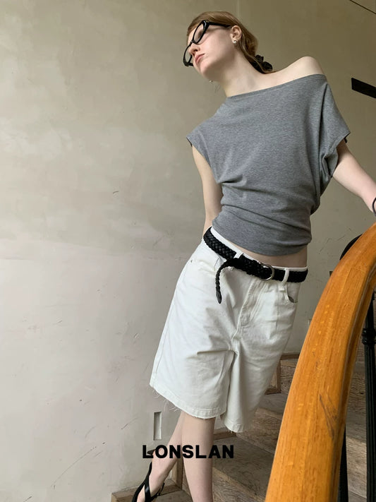 off shoulder asymmetric drape top 3color 【NINE7014】