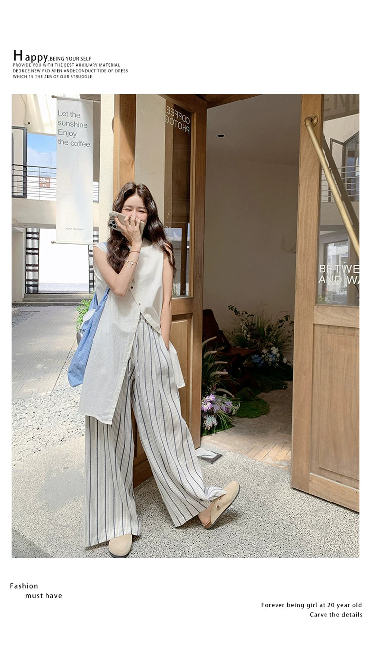 asymmetric top stripe pants setup 1color 【NINE7112】