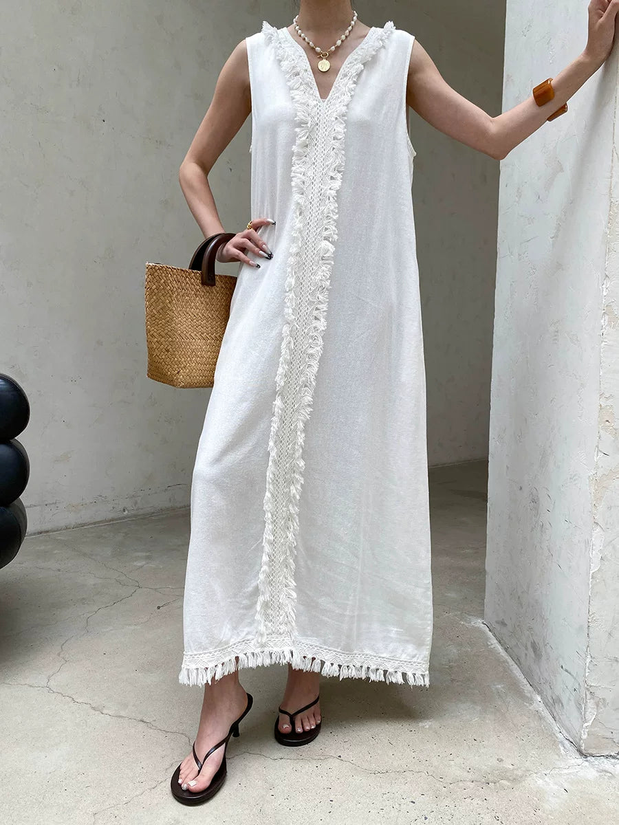 fringe sleeveless long dress 2color 【NINE7057】