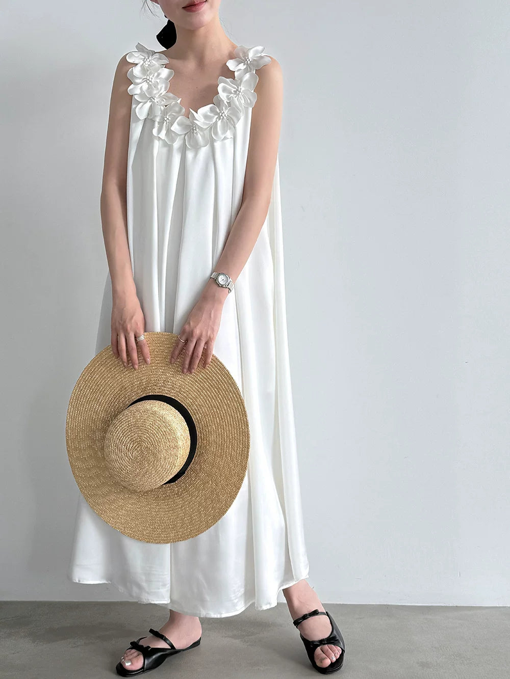 flower applique satin long dress 2color 【NINE7087】