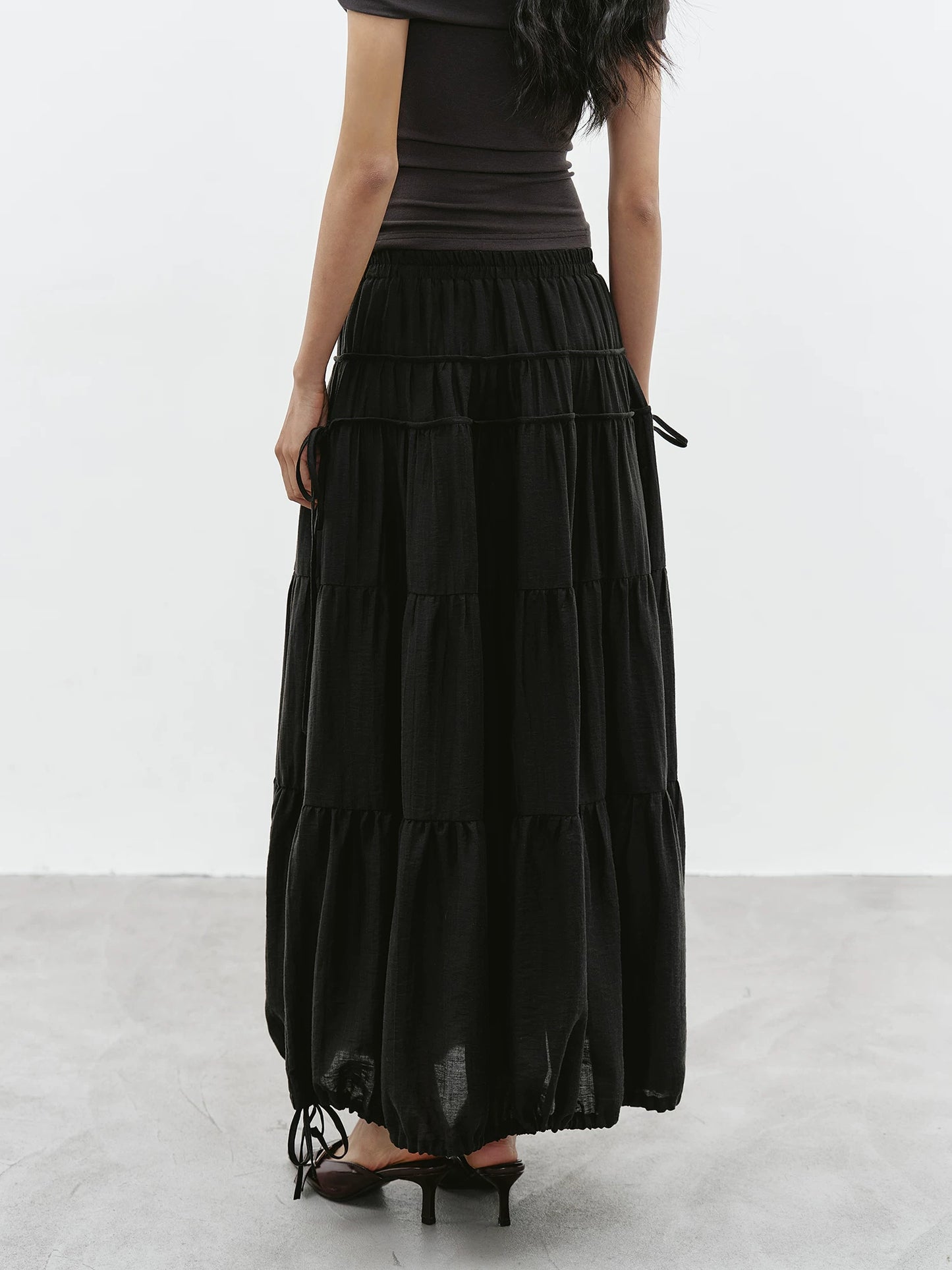 drawstring tiered balloon long skirt 1color 【NINE7229】