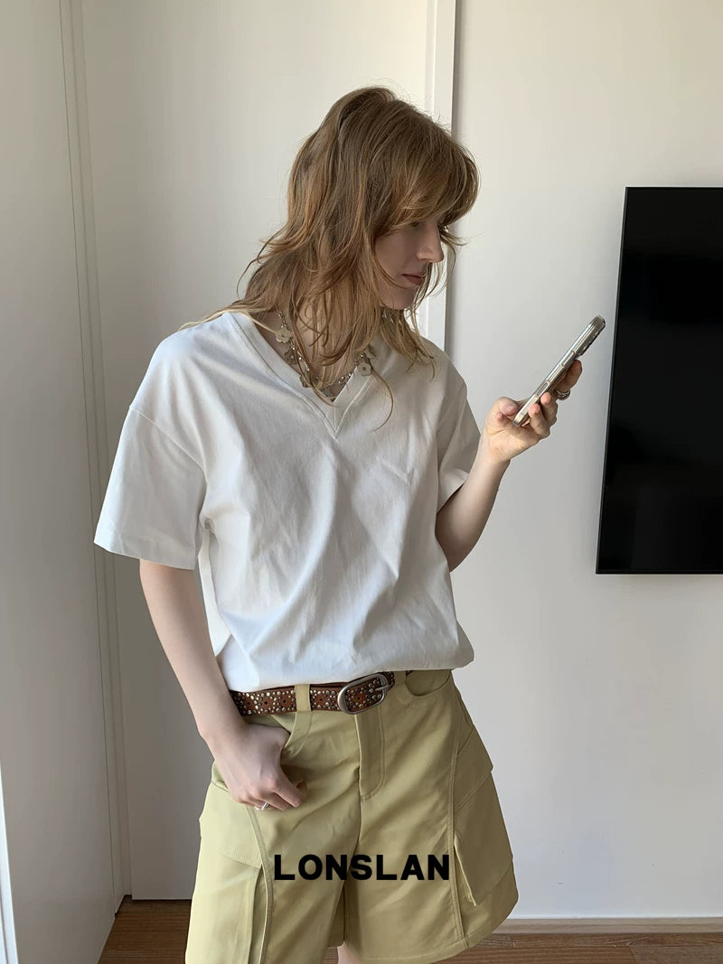 v neck loose cotton t shirt 3color 【NINE7018】