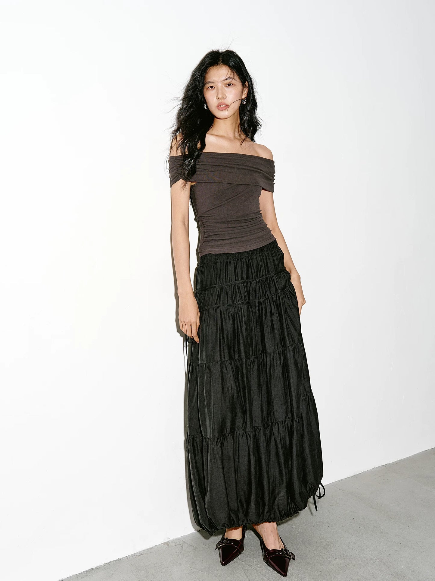 drawstring tiered balloon long skirt 1color 【NINE7229】