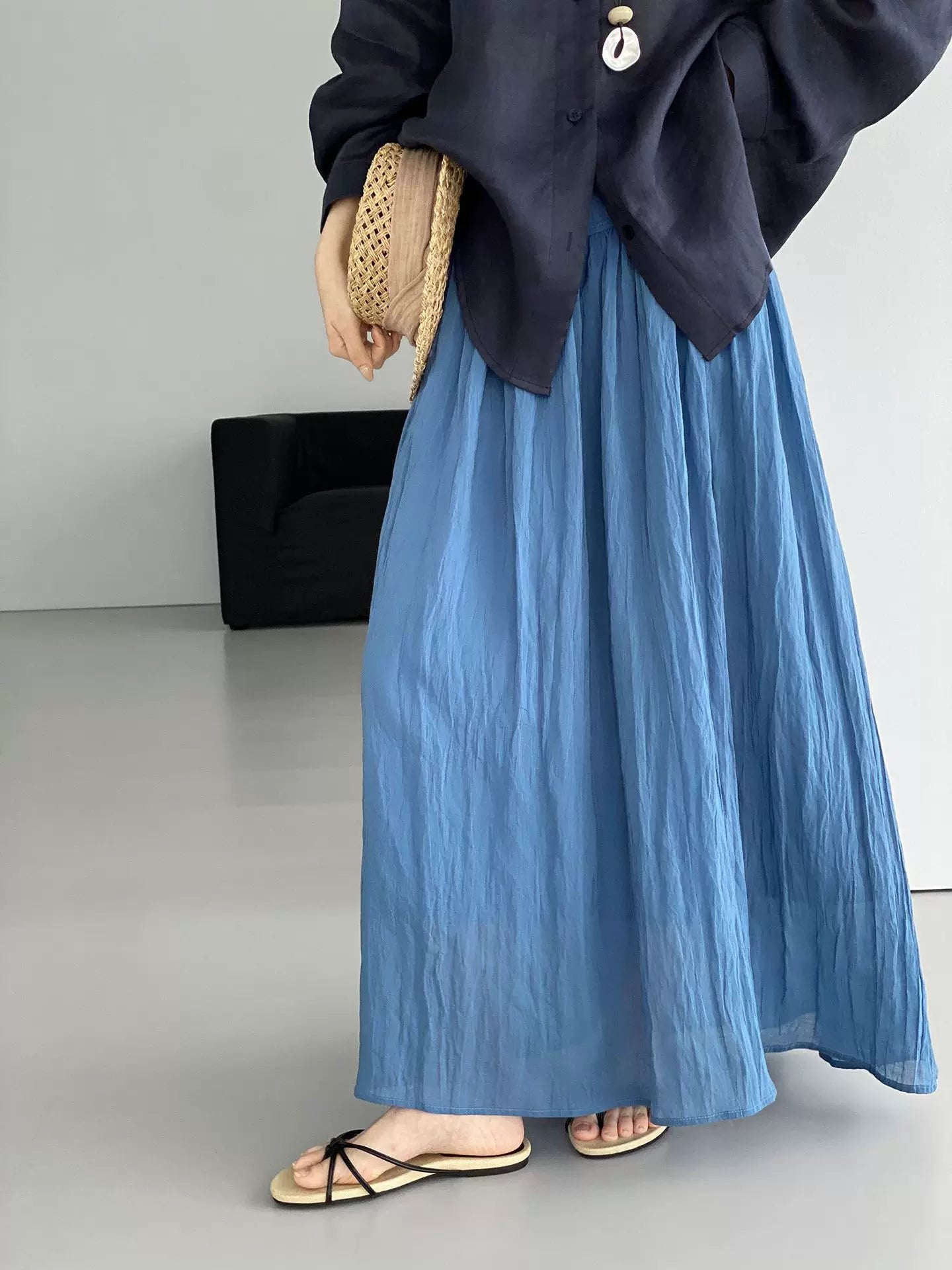 yoke pleated flared long skirt 2color 【NINE7077】