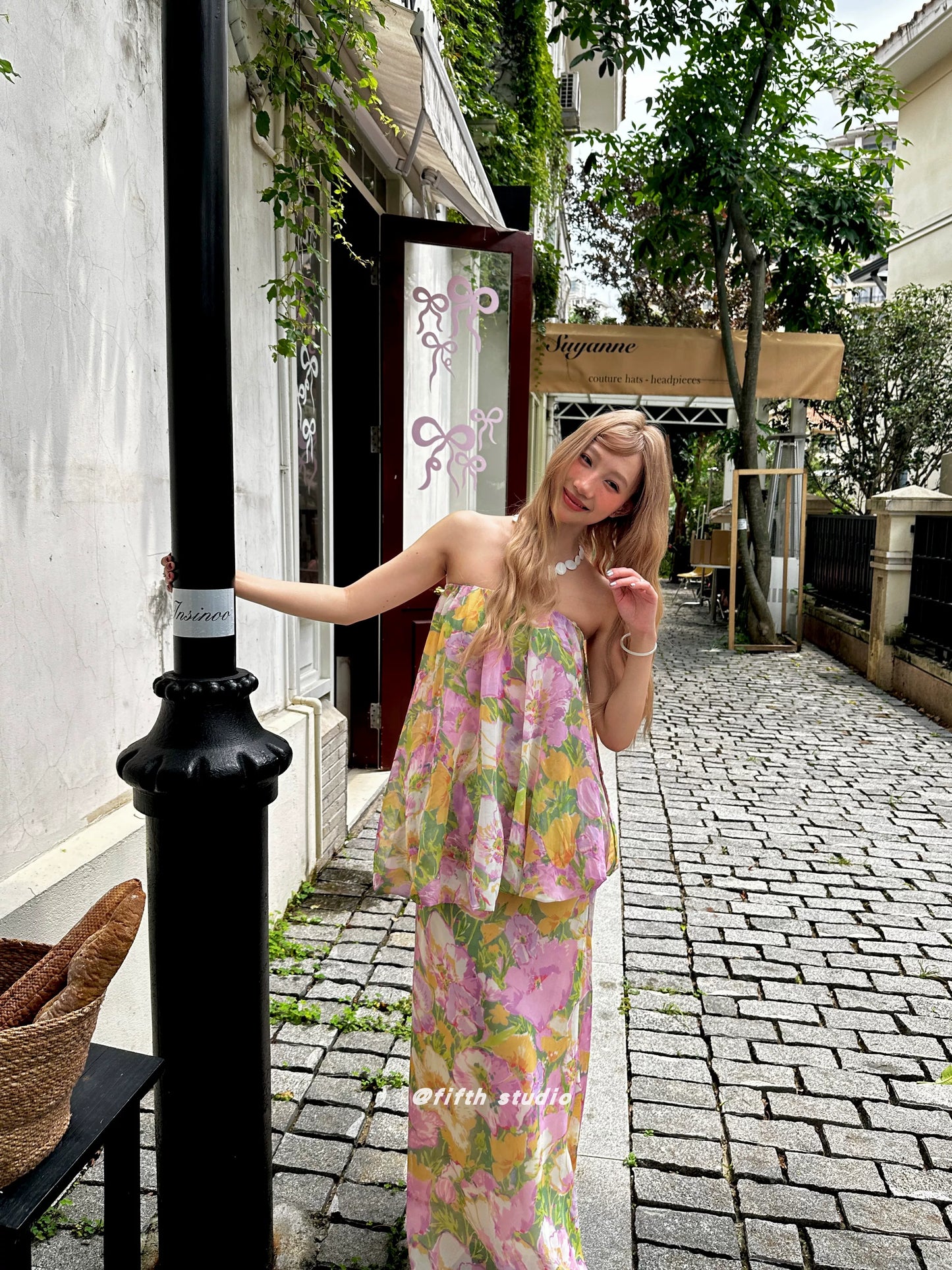 floral print tube top style fake two-piece long dress 1color 【NINE7147】