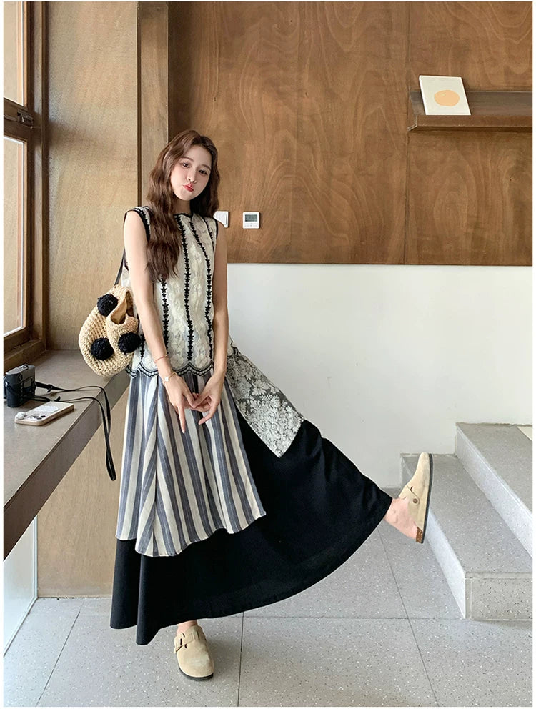 patchwork asymmetric skirt vest setup 1color 【NINE7113】