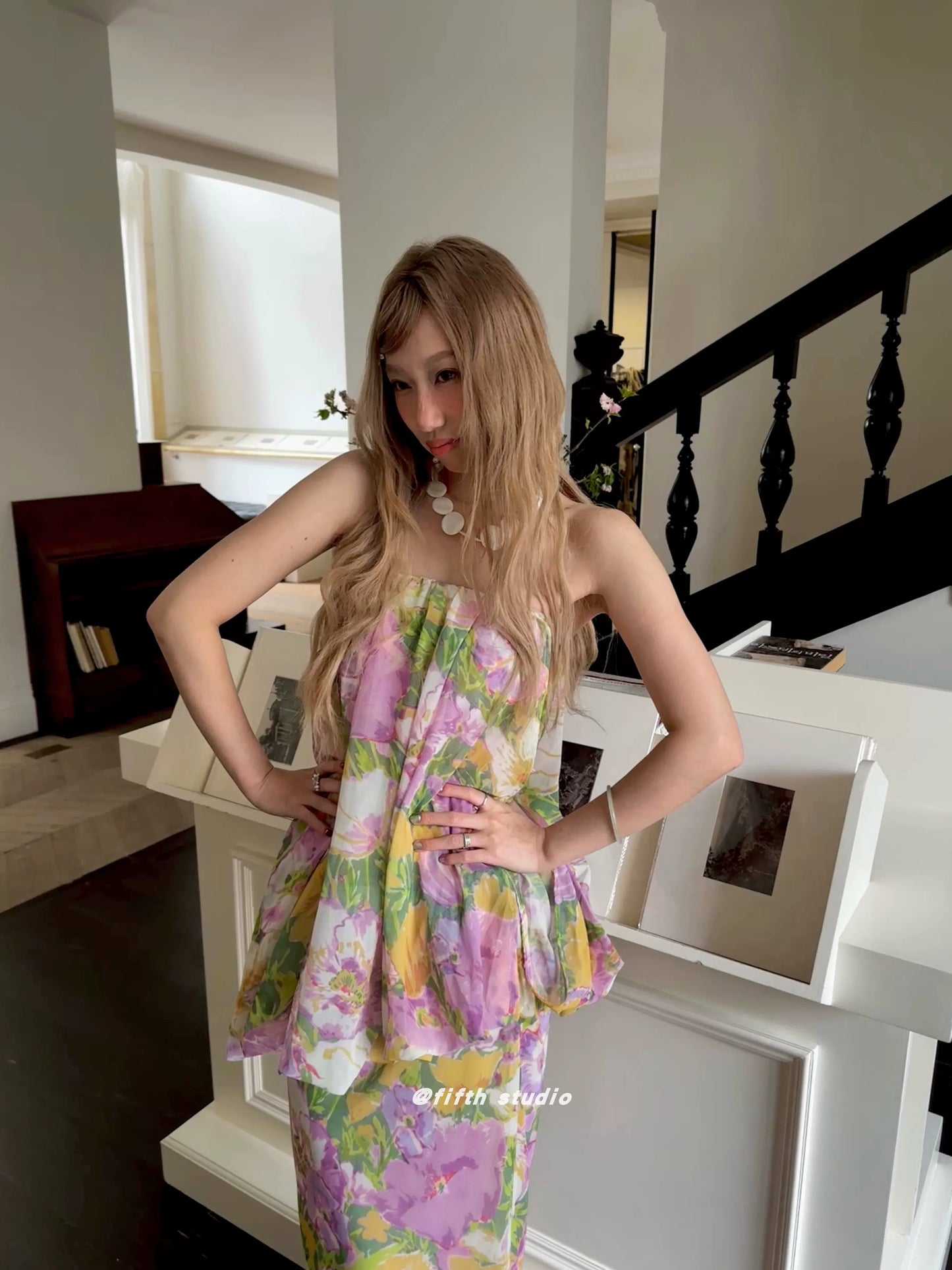 floral print tube top style fake two-piece long dress 1color 【NINE7147】