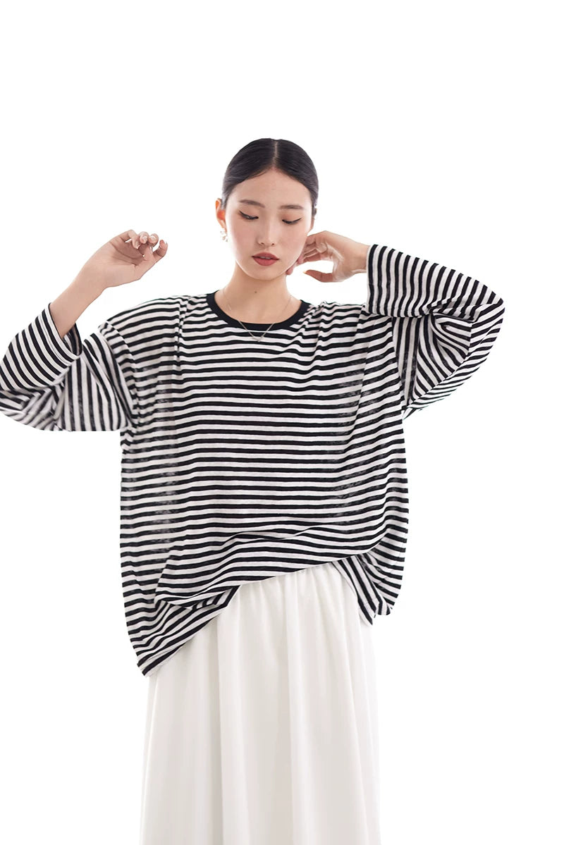 border crew neck loose long sleeve top 1color 【NINE7225】
