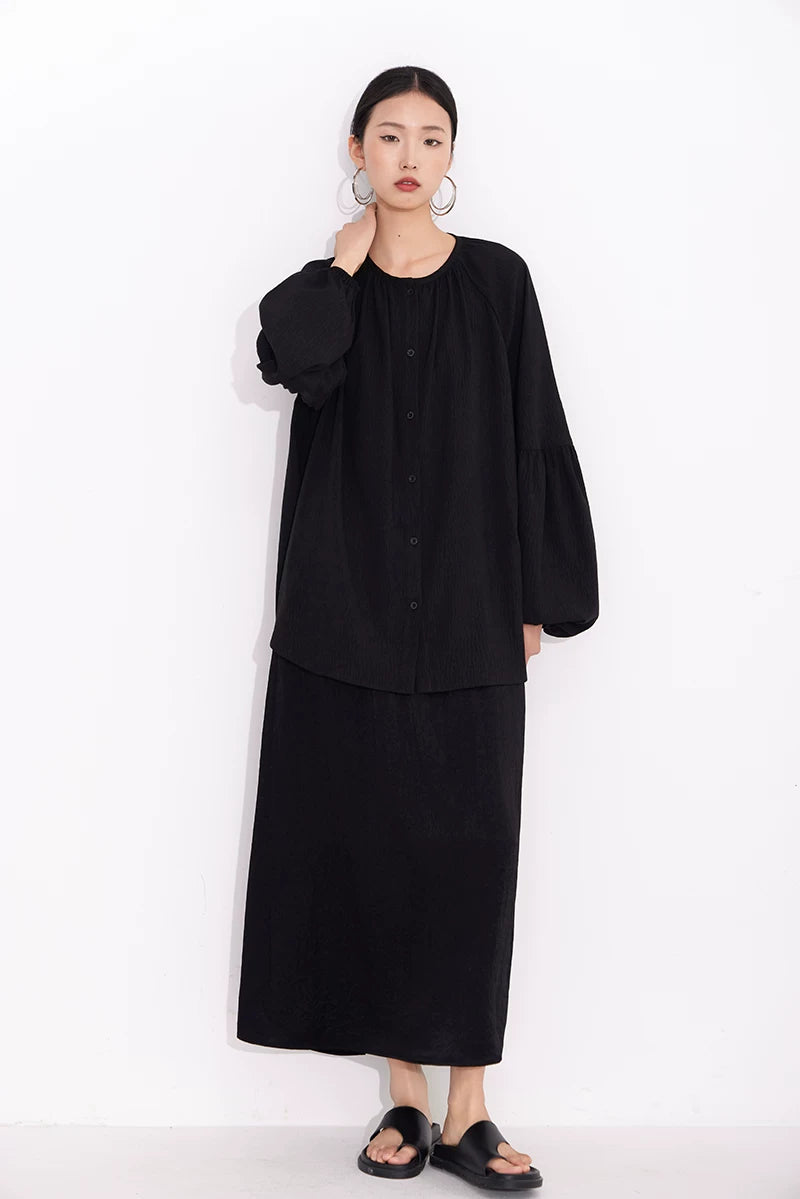 v-neck lantern sleeve loose shirt 1color 【NINE7224】