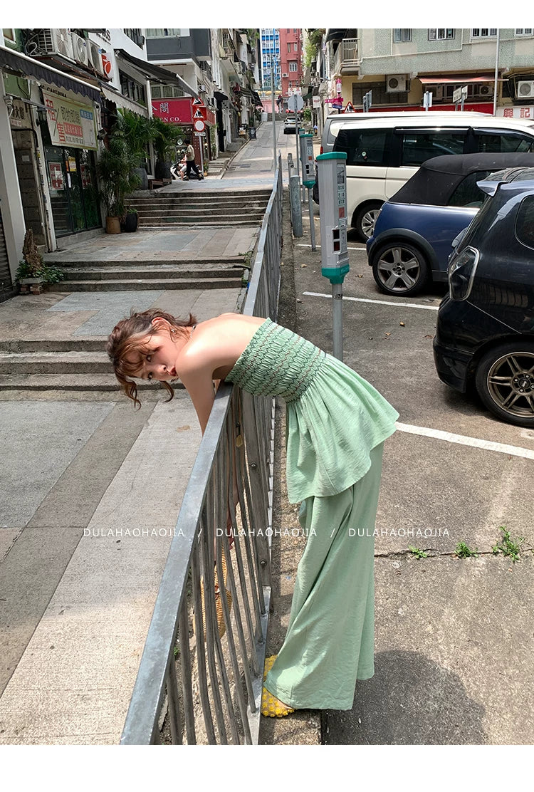 shirring bustier wide pants setup 1color 【NINE7095】