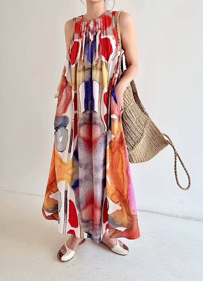 oil painting print sleeveless long dress 1color 【NINE7041】