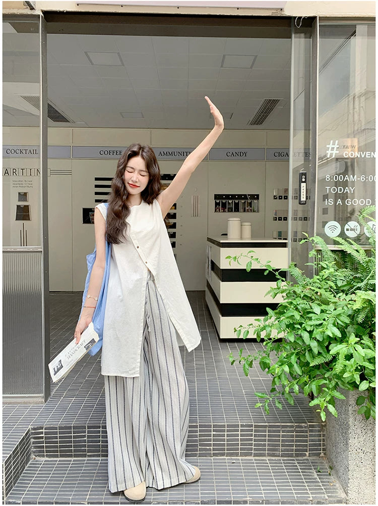 asymmetric top stripe pants setup 1color 【NINE7112】