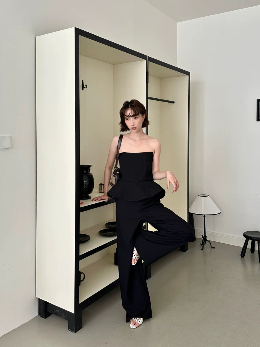 tube top peplum fake two-piece wide leg jumpsuit 1color 【NINE7150】