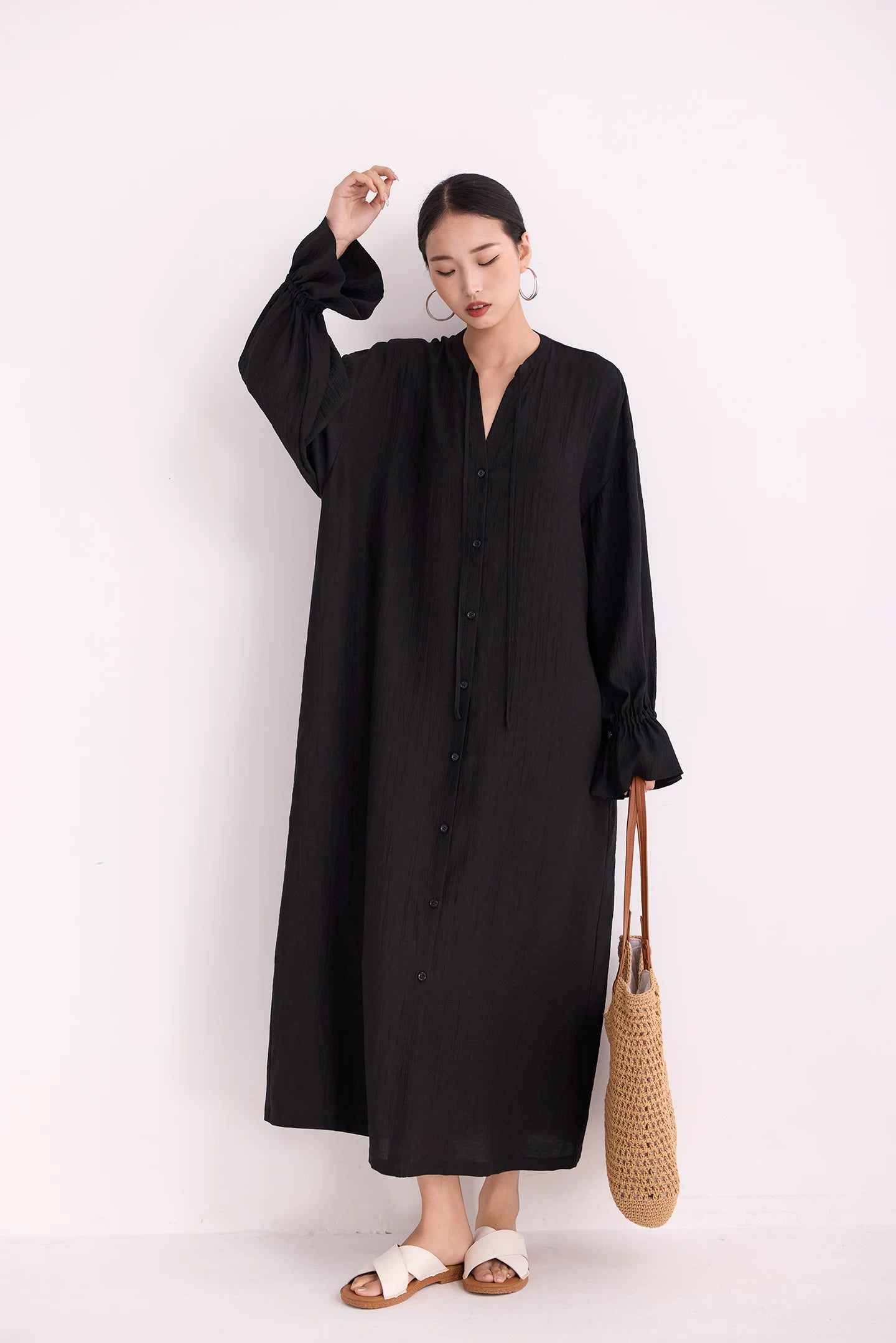 v-neck flare sleeve shirt long dress 1color 【NINE7223】