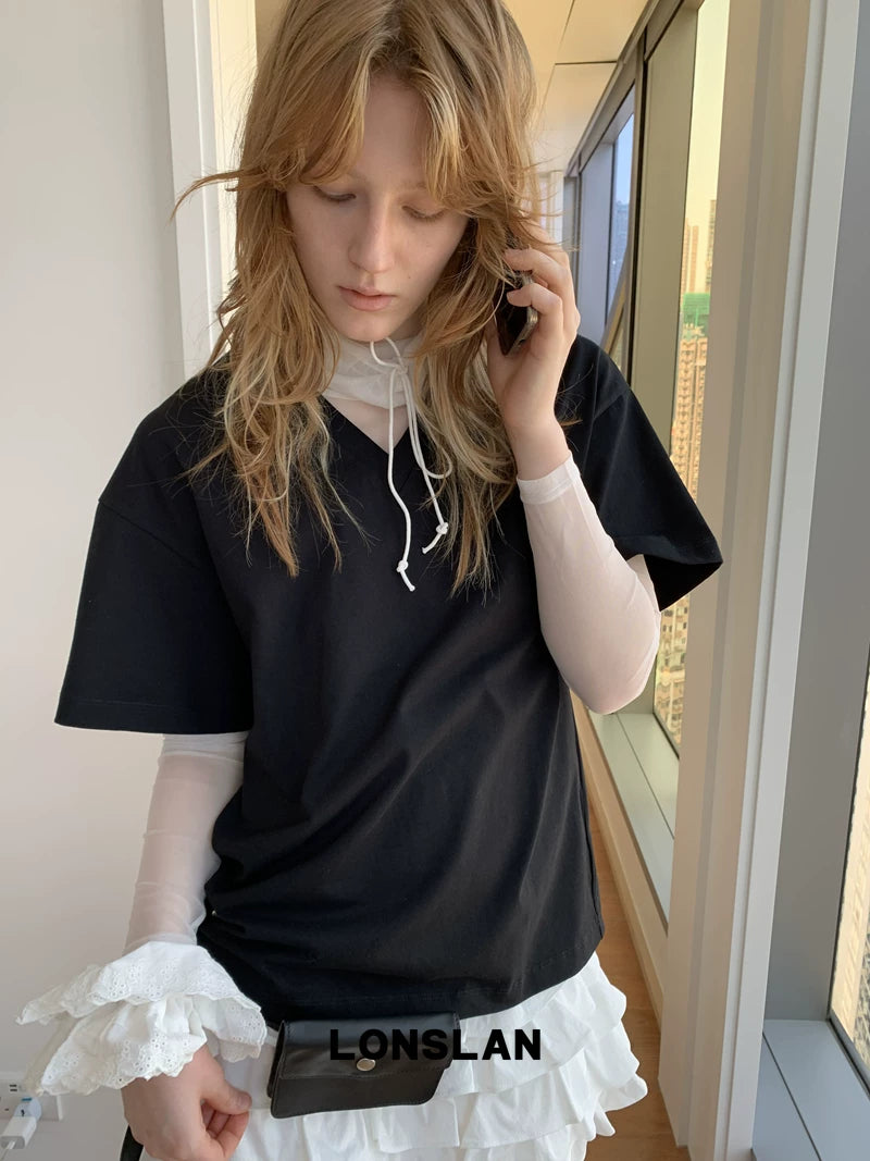v neck loose cotton t shirt 3color 【NINE7018】