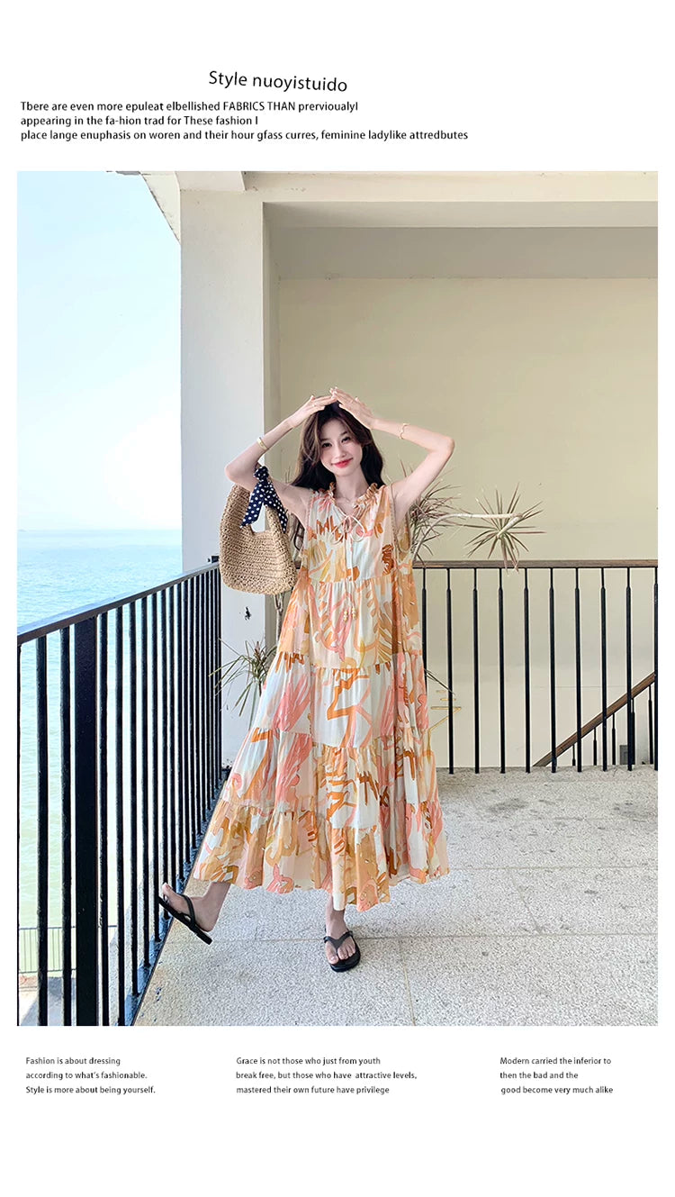 orange print tiered sleeveless dress 1color 【NINE7136】