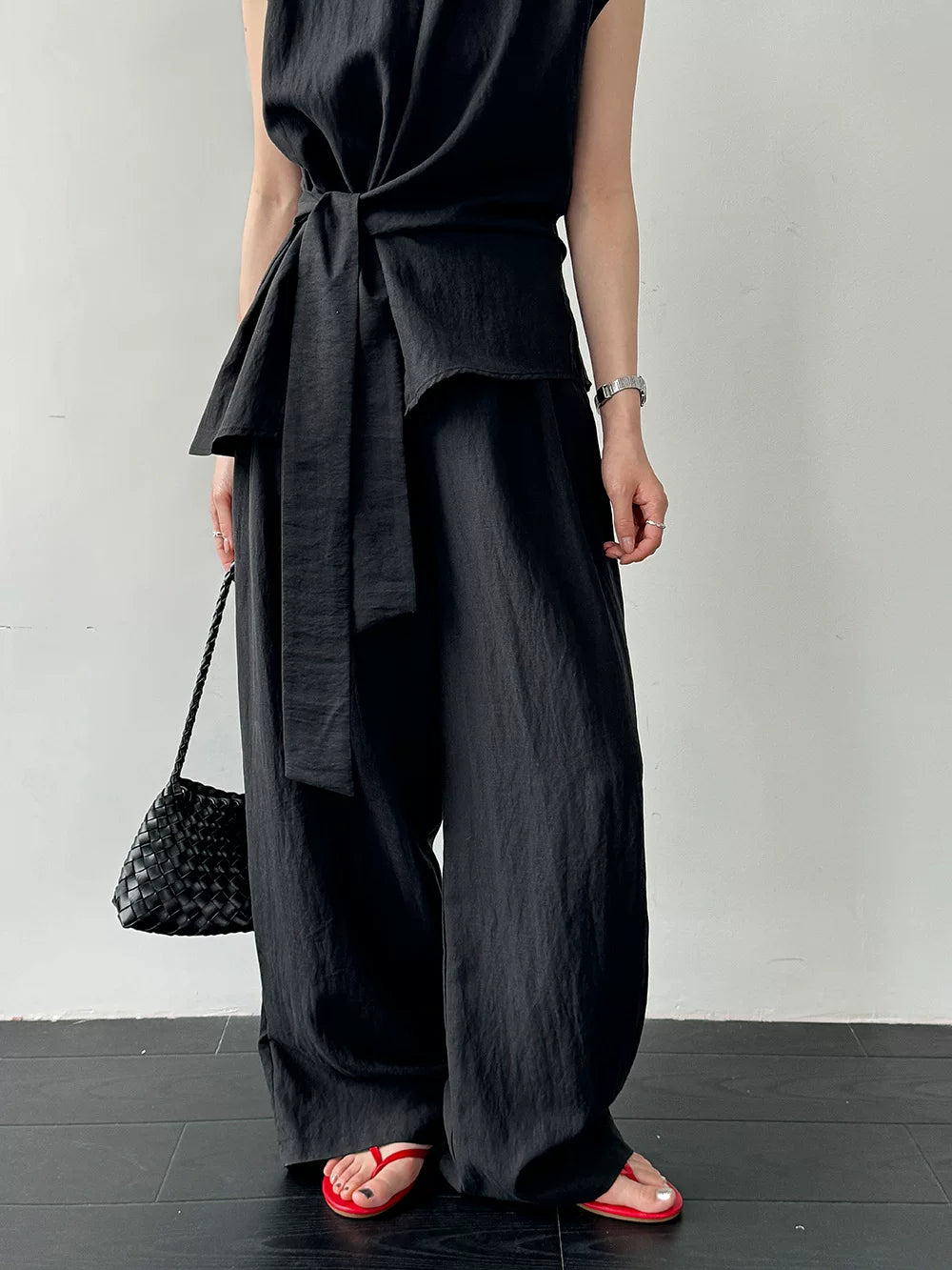 waist tie cap sleeve tops pants setup 2color 【NINE7085】
