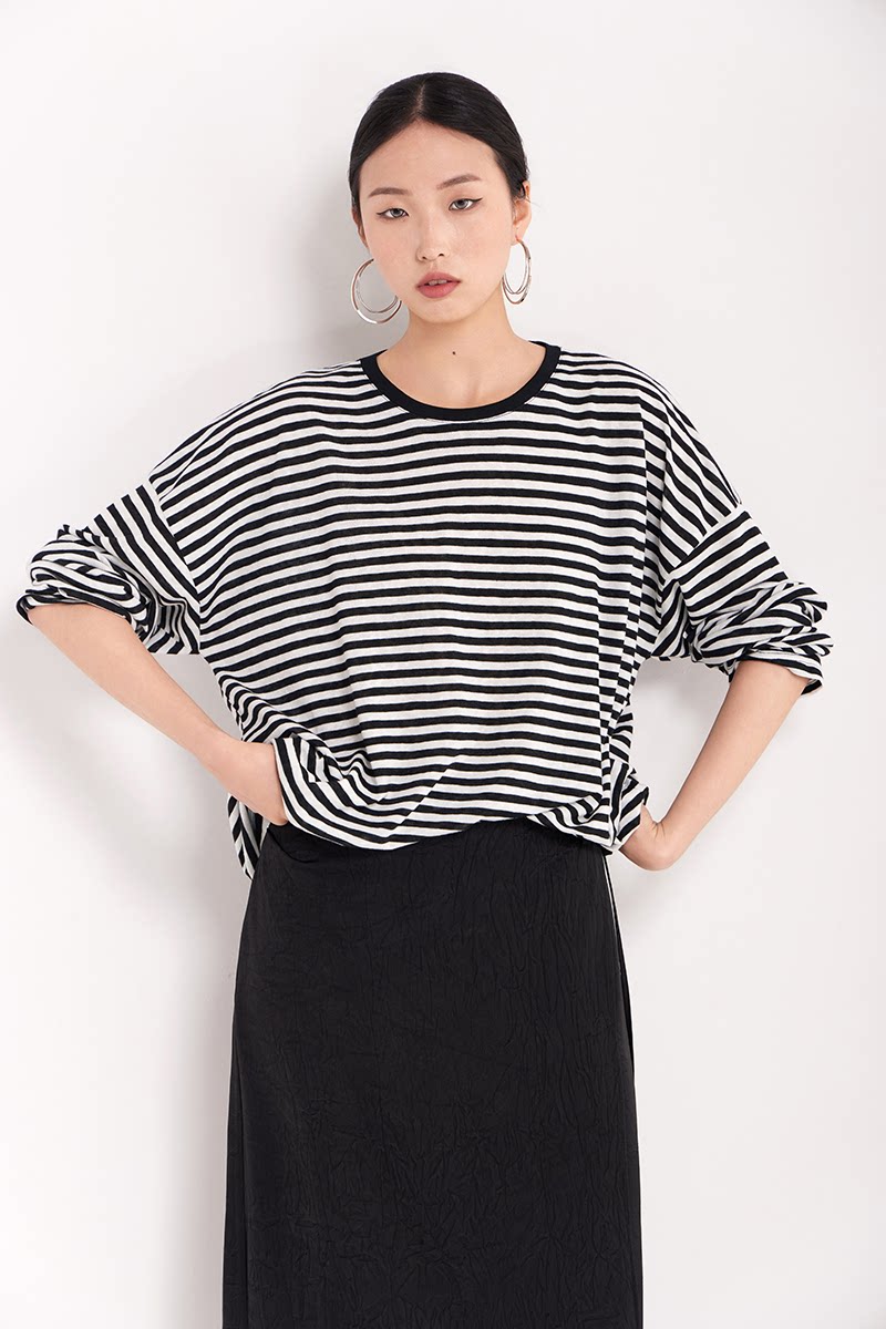 border crew neck loose long sleeve top 1color 【NINE7225】