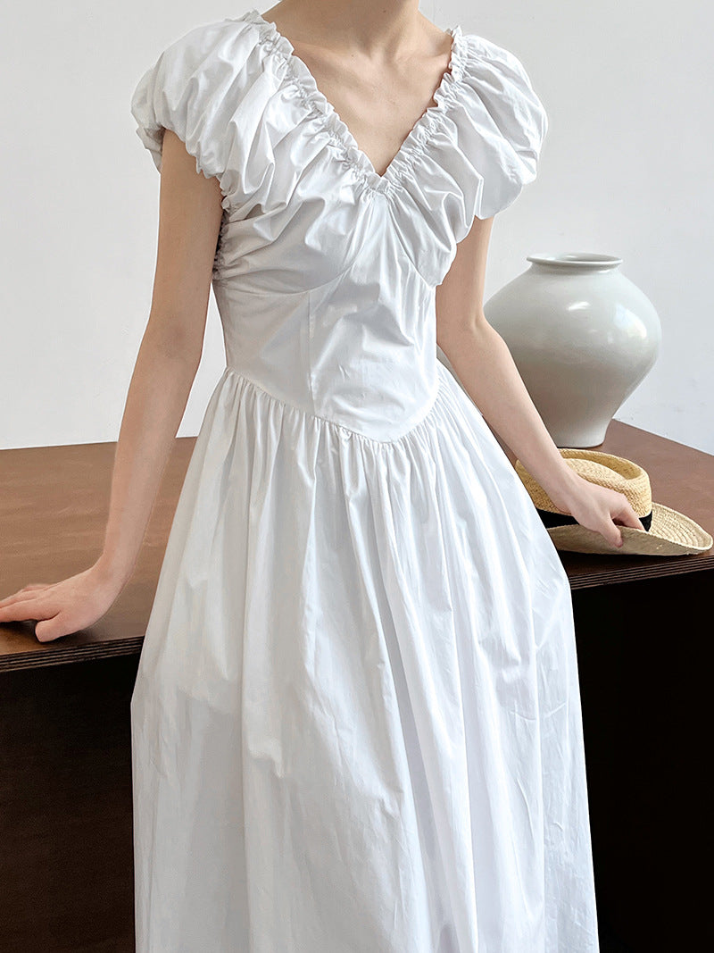 backless gathered puff sleeve dress 2color 【NINE7059】