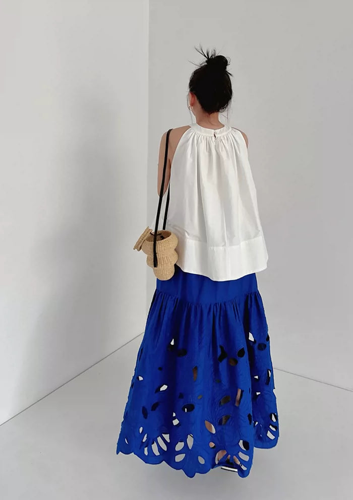 cutout embroidery tiered long skirt 2color 【NINE7053】