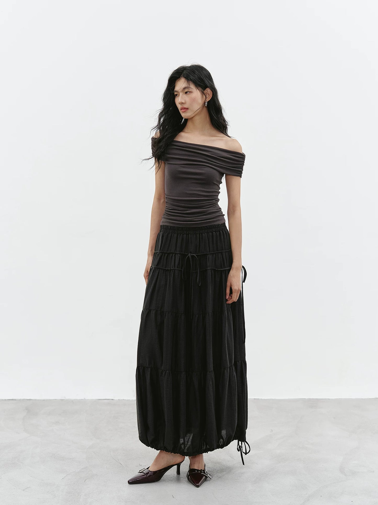 drawstring tiered balloon long skirt 1color 【NINE7229】