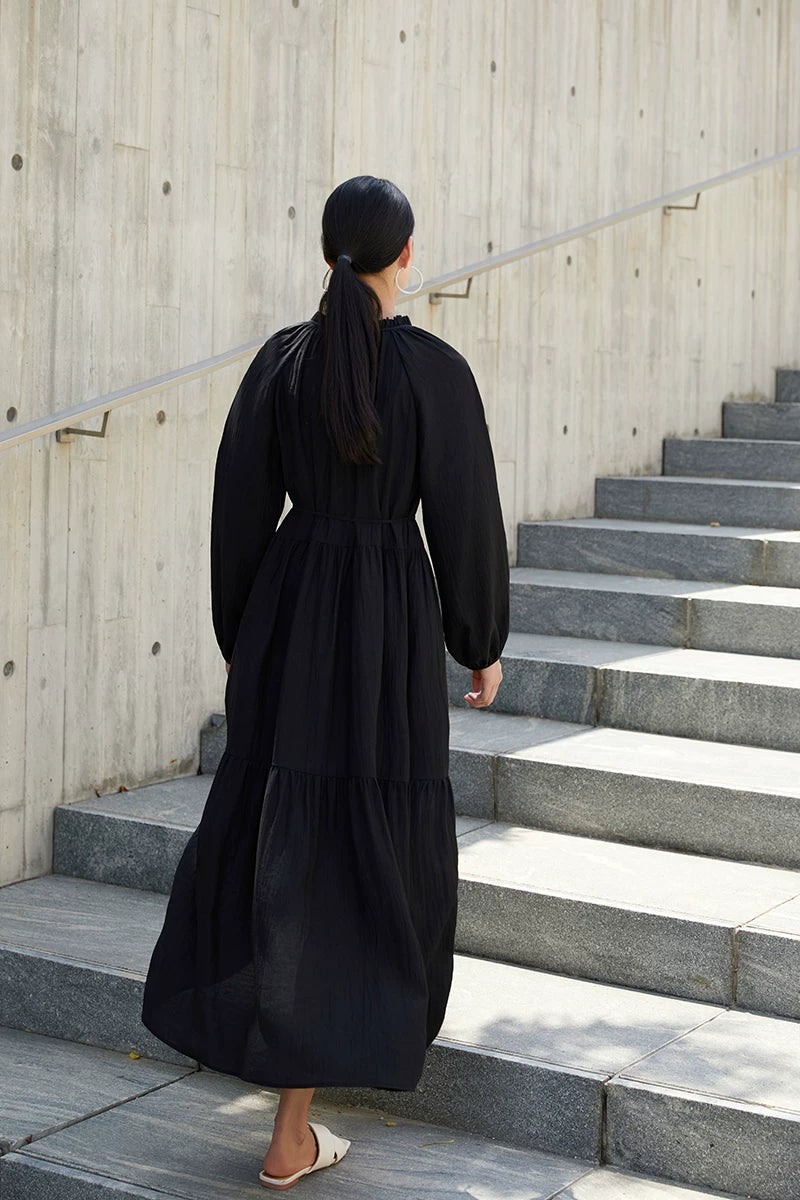 v-neck belt tiered long dress 1color 【NINE7227】