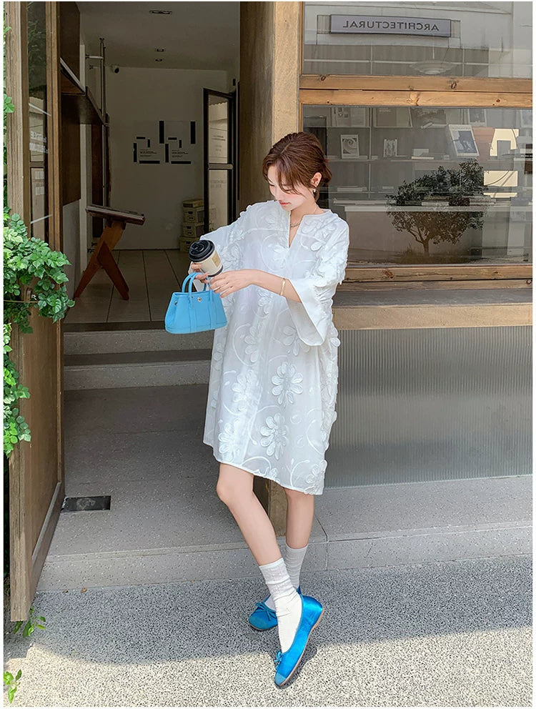 3D floral vneck loose dress 1color 【NINE7130】