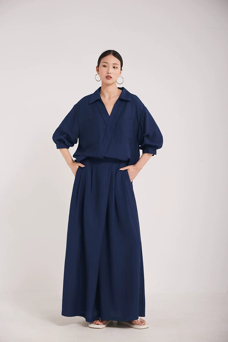 v-neck lapel puff sleeve shirt 3colors 【NINE7215】