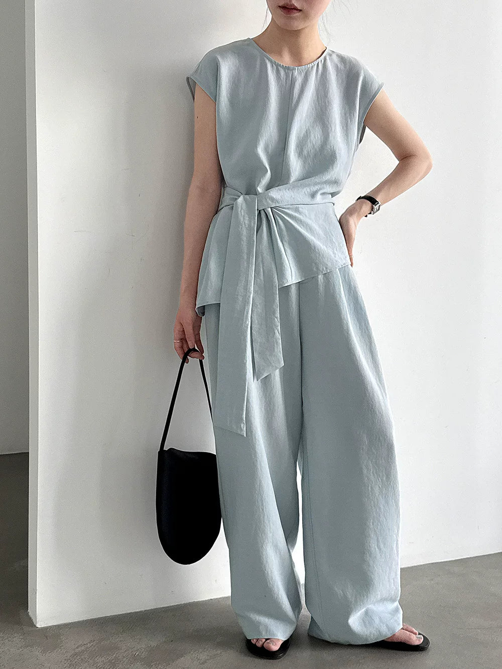 waist tie cap sleeve tops pants setup 2color 【NINE7085】