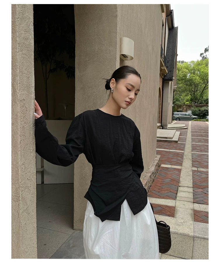 waist ribbon tie long sleeve blouse 1color 【NINE7198】