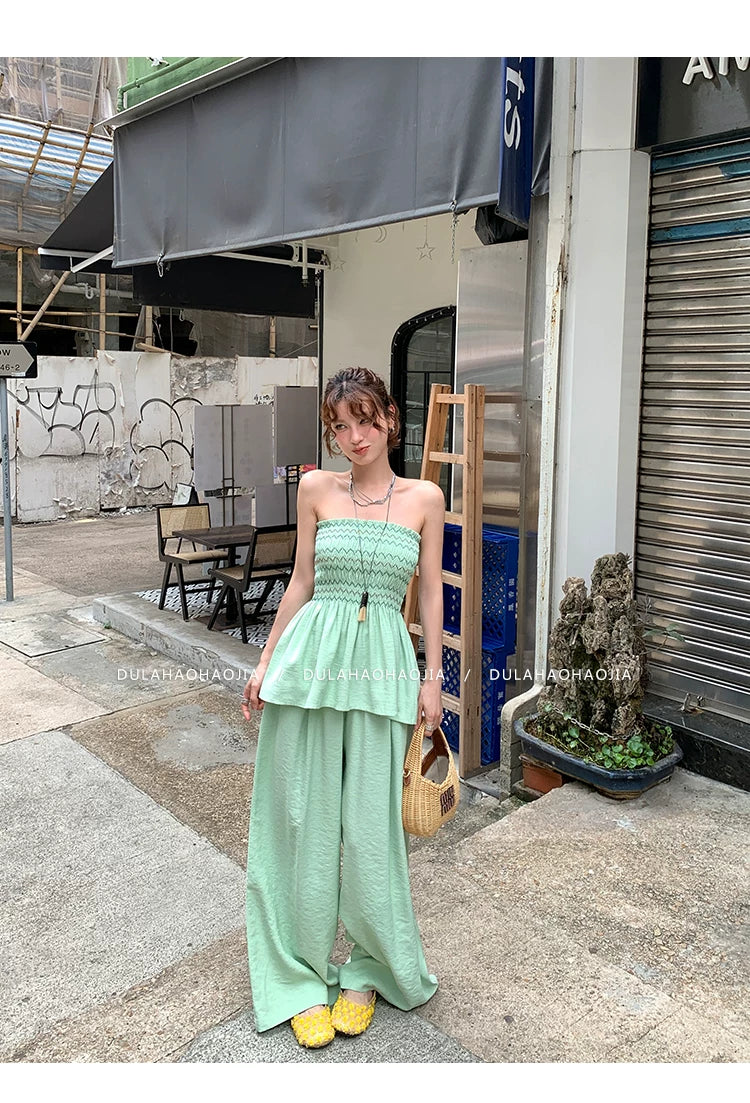 shirring bustier wide pants setup 1color 【NINE7095】