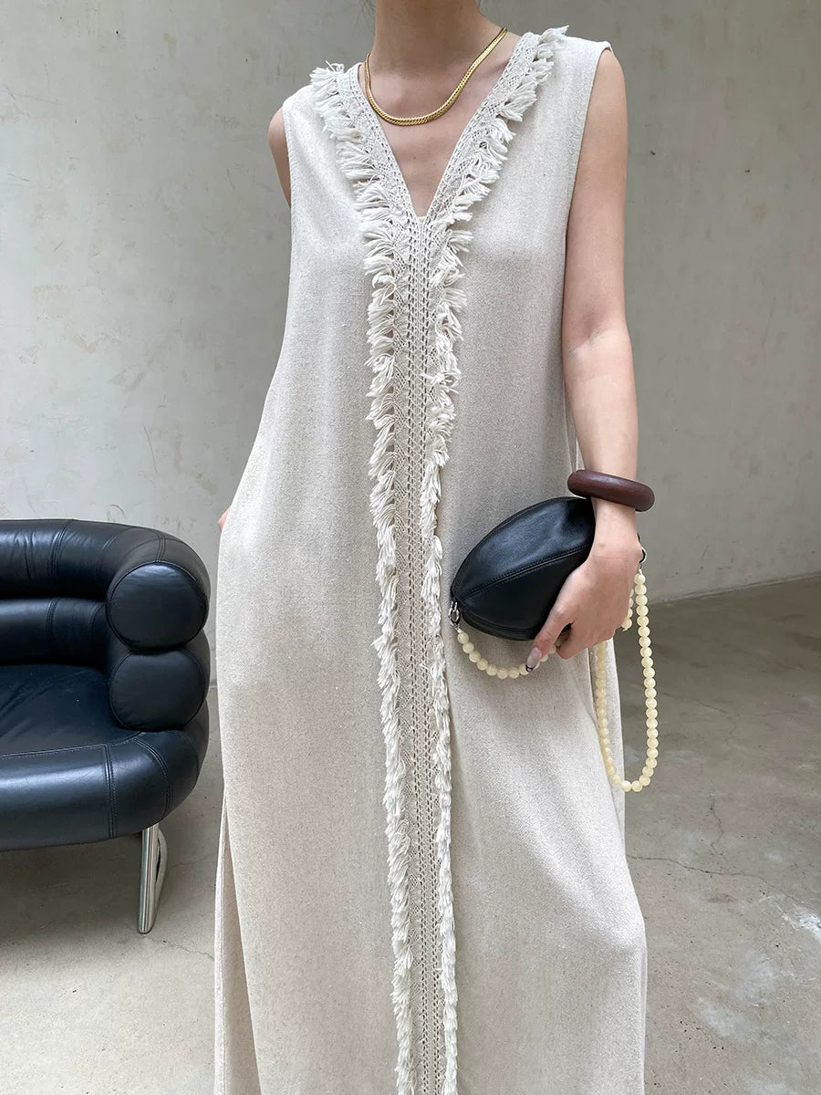 fringe sleeveless long dress 2color 【NINE7057】
