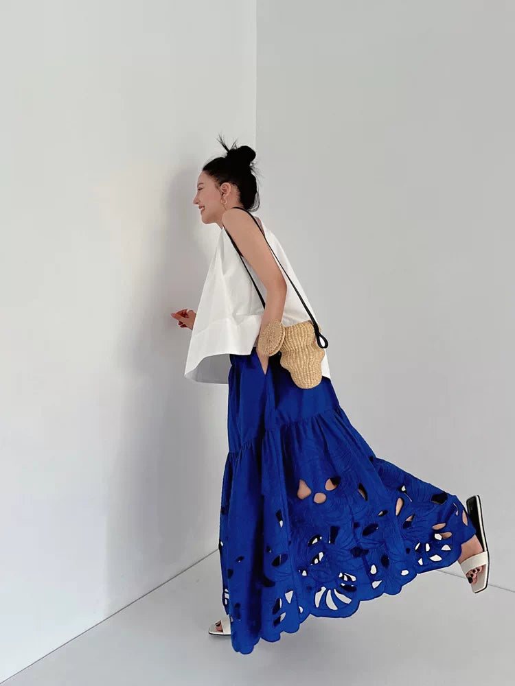 cutout embroidery tiered long skirt 2color 【NINE7053】