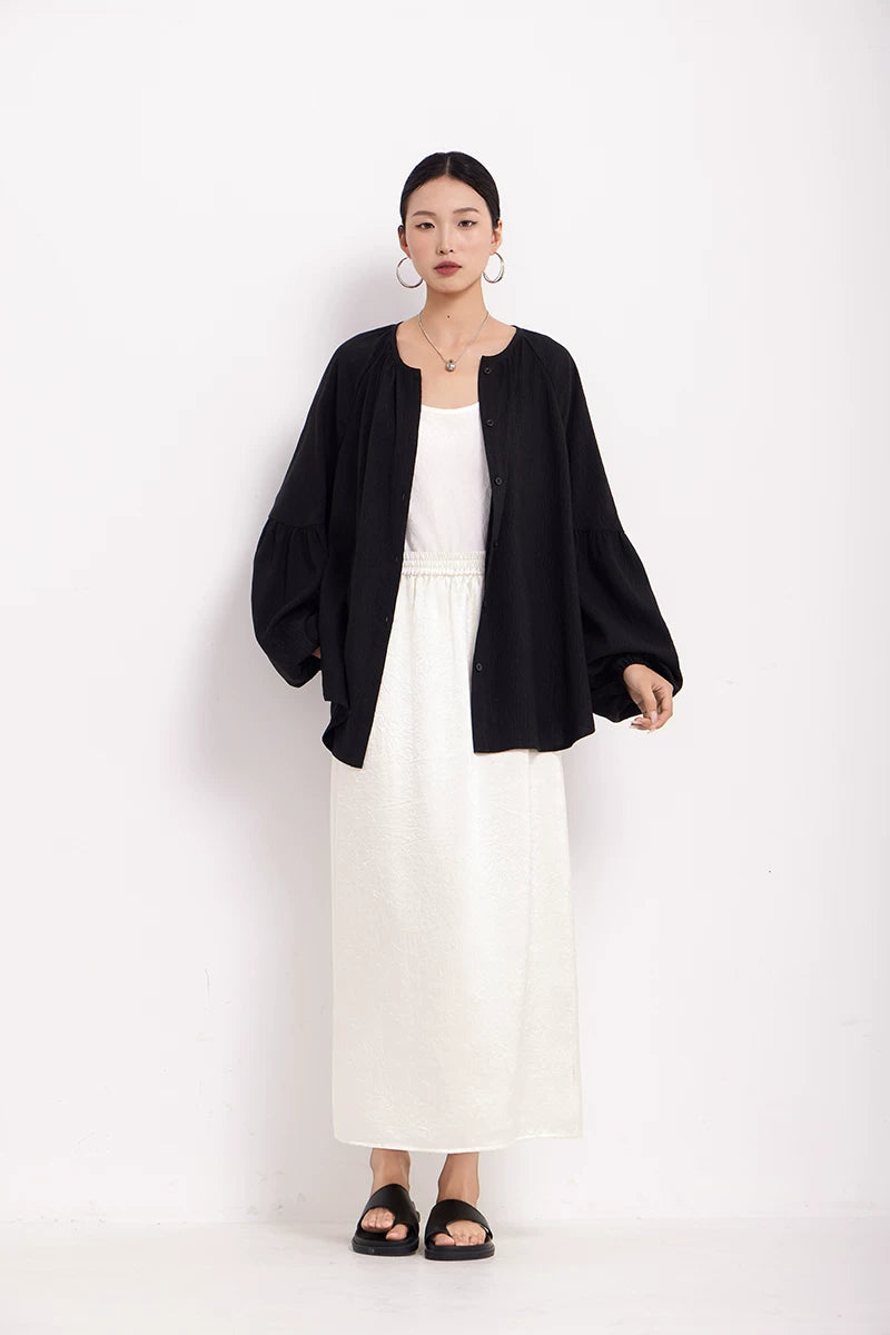v-neck lantern sleeve loose shirt 1color 【NINE7224】