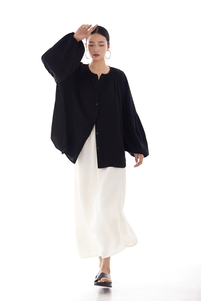 v-neck lantern sleeve loose shirt 1color 【NINE7224】