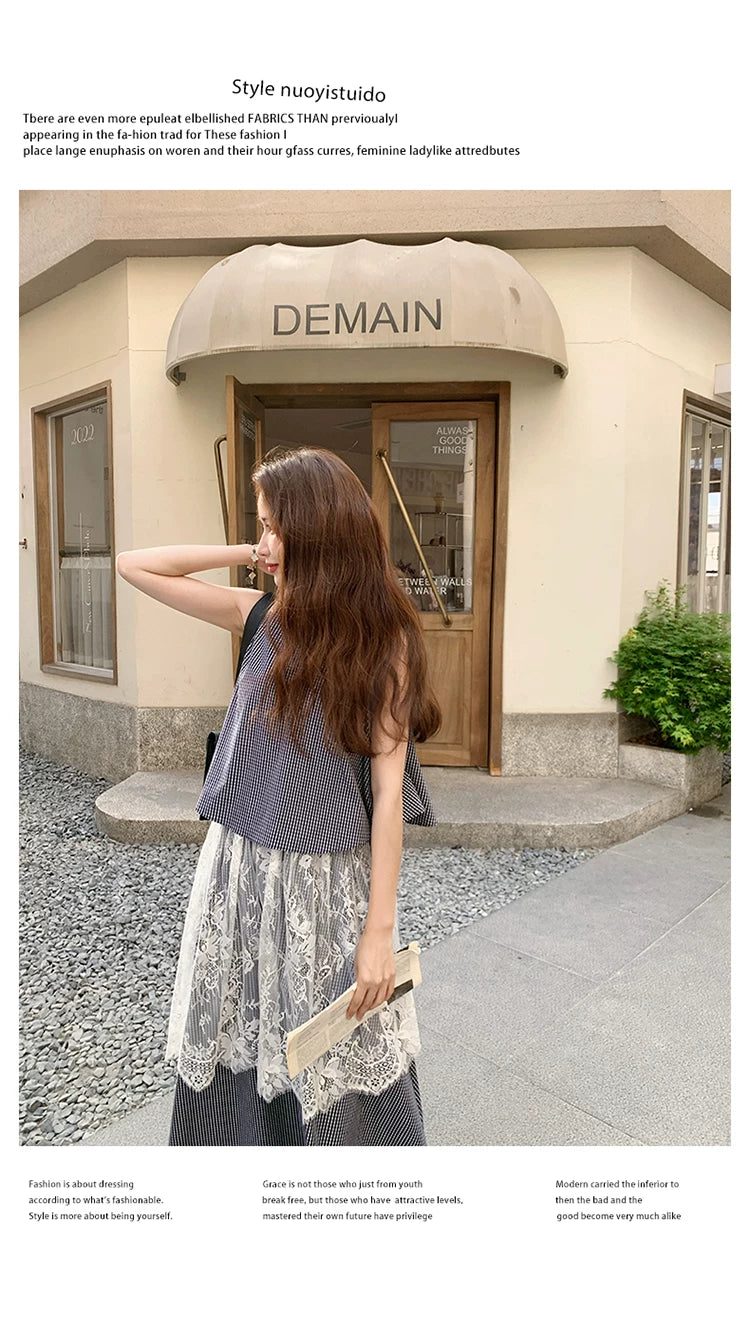 stripe lace fake twopiece dress 1color 【NINE7129】