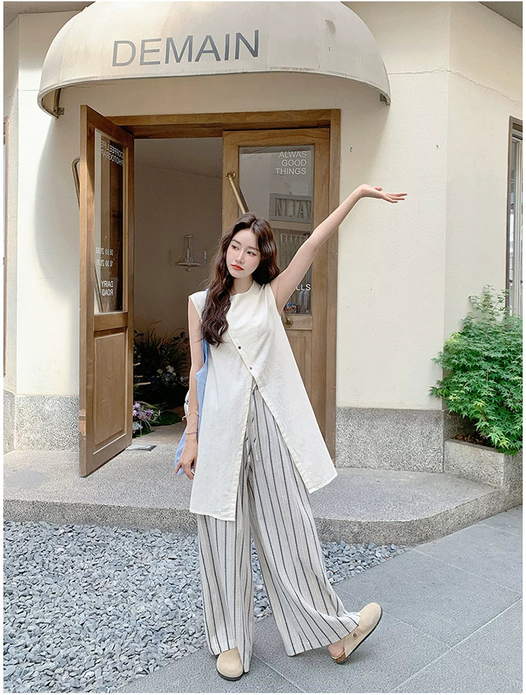 asymmetric top stripe pants setup 1color 【NINE7112】